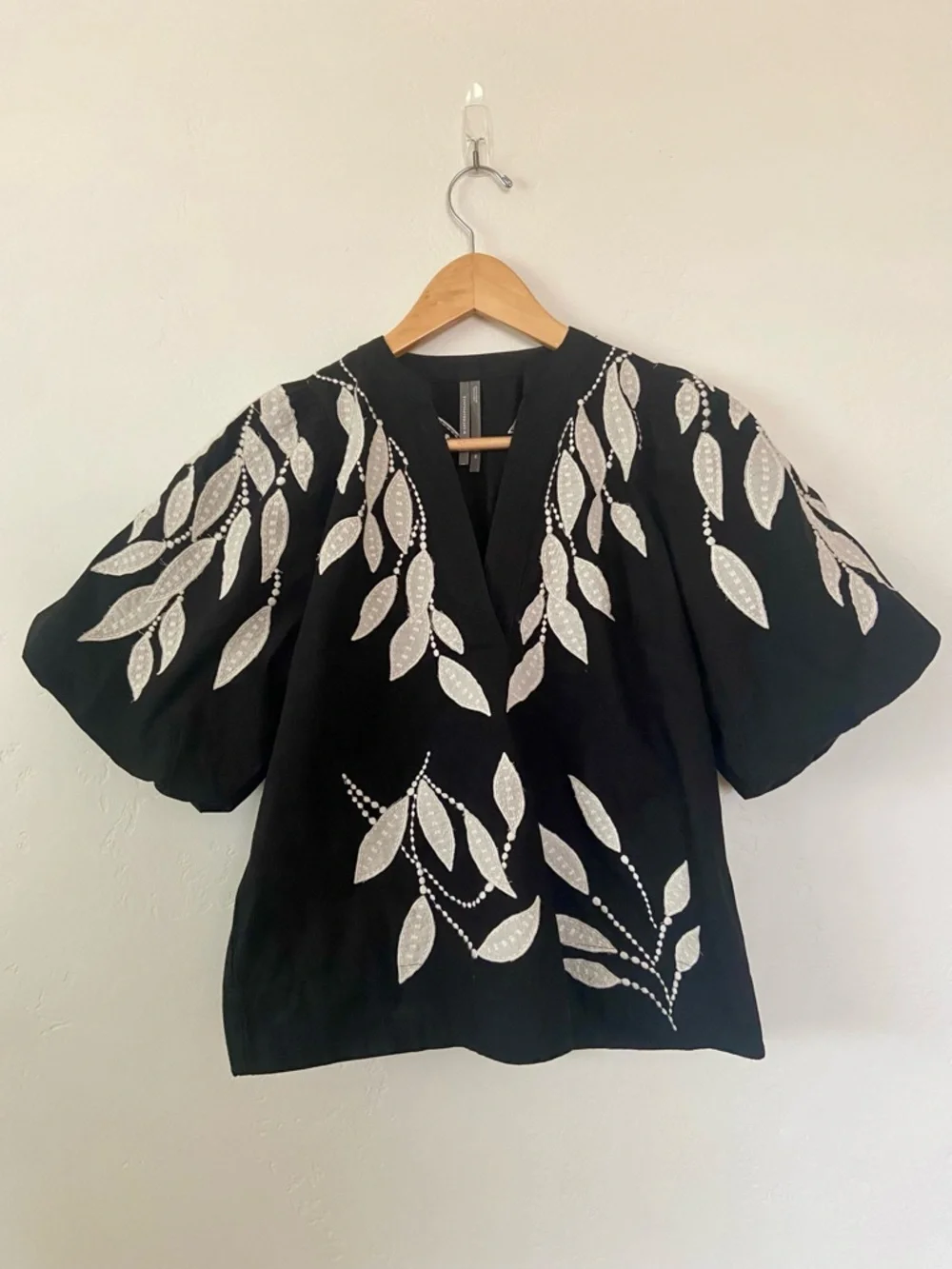 Anthropologie Black Short-Sleeve V-Neck Top with Ivory Leaf Embroidery